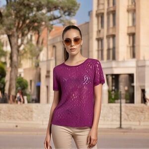New Fancy 14th & Union Lace Purple Blouse Short Sleeve T- Shirt Women’s Top